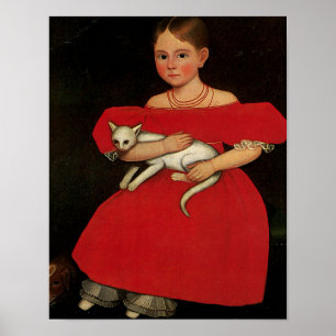 Póster Menina no vermelho com seus gato e cão