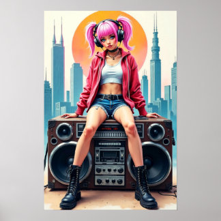 Poster Menina num gravador de fita antigo