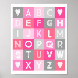 Poster Menina Nursery Decor Alphabet Cinza Rosa