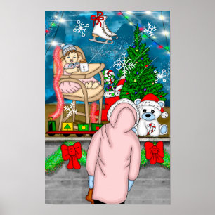 Poster Menina olhando através de uma janela de Natal
