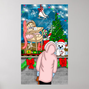 Poster Menina olhando através de uma janela de Natal