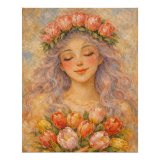Póster Menina Pacífica com Tulipas Amarelas