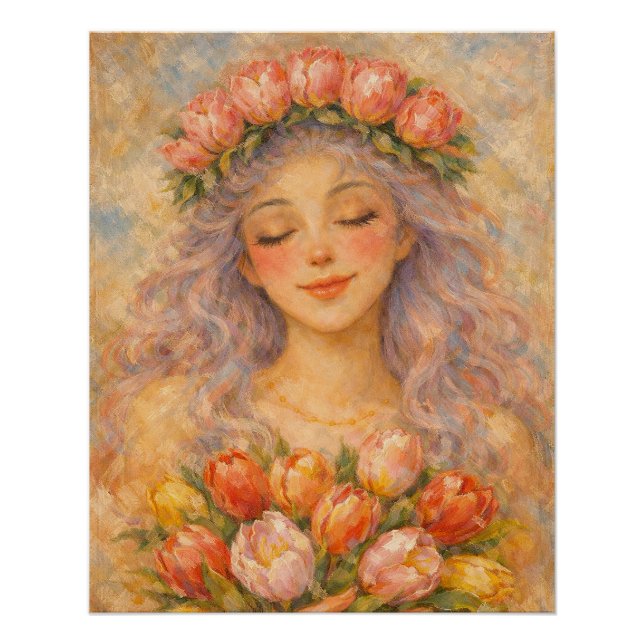Póster Menina Pacífica com Tulipas Amarelas  (Frente)