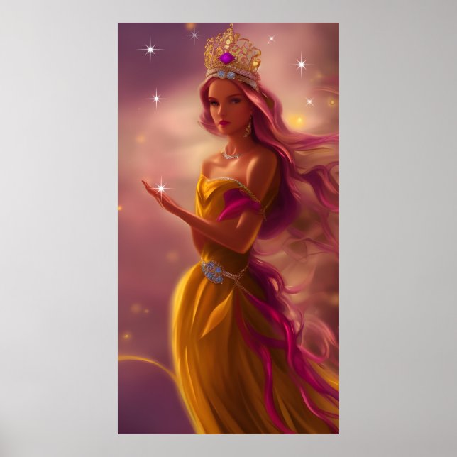 Poster Menina princesa tiara rosa dourada conto de fadas  (Frente)