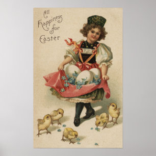 Póster Menina que guardara ovos com pintinhos