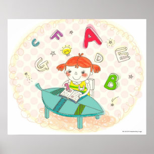 Póster Menina que senta-se na cadeira, estudando