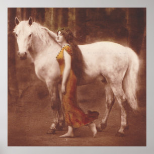 Póster Menina romântica do Victorian com o cavalo branco
