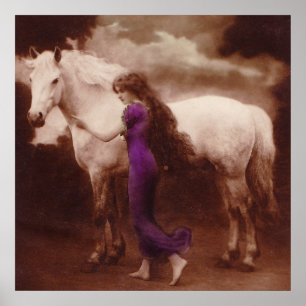 Póster Menina romântica do Victorian com o cavalo branco