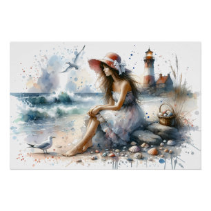 Póster Menina Romântica em Aquarela pelo Farol
