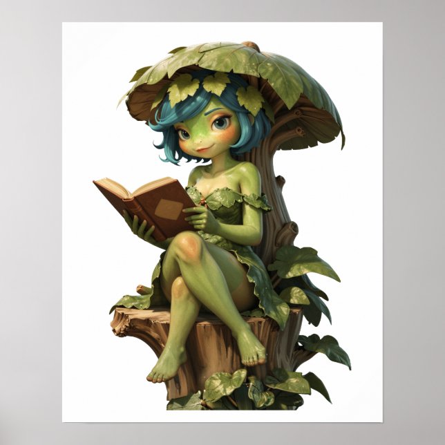 Poster Menina Sapo Fofa Lendo Livro Sob Folha (Frente)