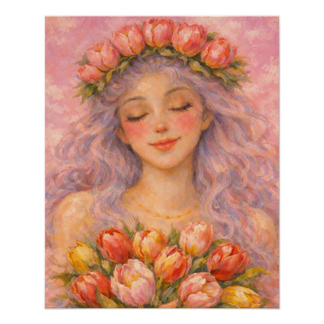 Póster Menina Serena com Tulipas Rosa (Frente)