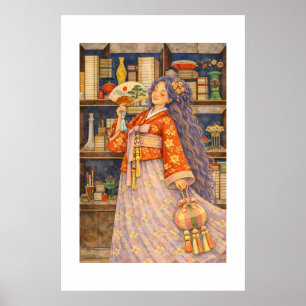 Poster Menina Sonhadora Coreana de Hanbok com Leque e Nor