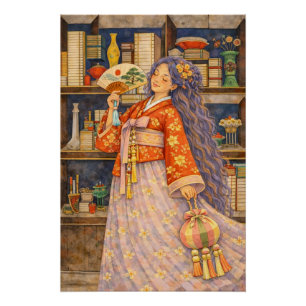 Póster Menina Sonhadora Coreana de Hanbok com Leque e Nor
