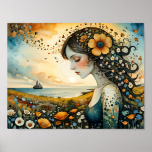 Poster Menina sonhando em velejar em um mar de flores
