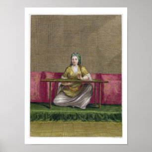 Poster Menina turca, bordando, século XVIII (engravin