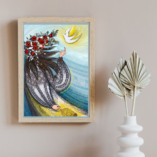 Poster Menina Ucraniana com Pombo da Paz e Papoulas Verme