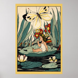 Poster Menina vintage em flores de nenúfar, pôster de bor