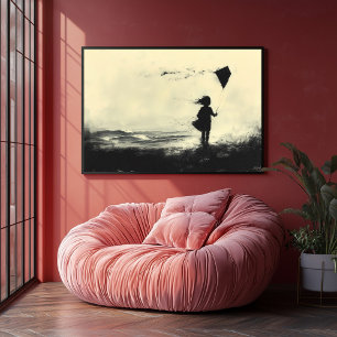 Poster Menina voando pipa na orla em Dusk - Carvão