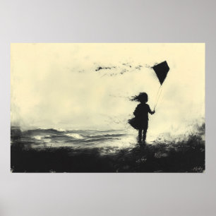 Poster Menina Voando Pipa na Praia ao Crepúsculo – Carvão