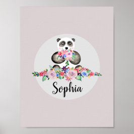 Poster Meninas Belas Flores Aquarela Panda e Nome