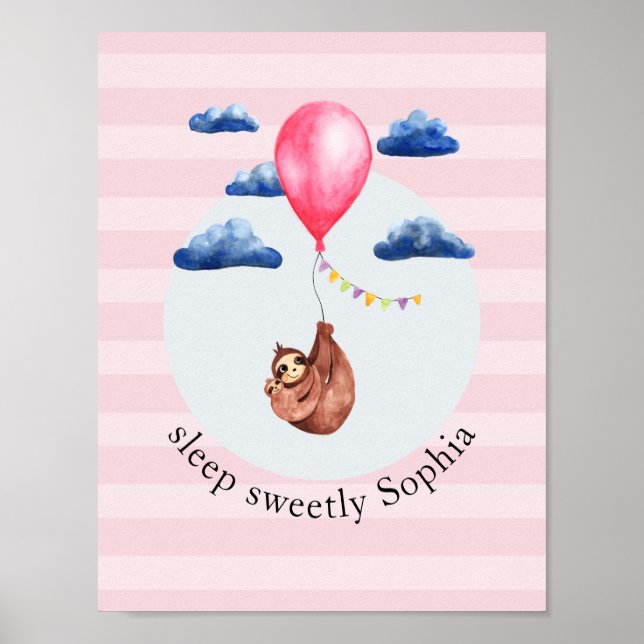 Poster Meninas Bicho de Pelúcia Balão Rosa Sloth e Nome C (Frente)