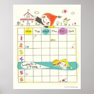 Póster Meninas brincando perto da escola e horário