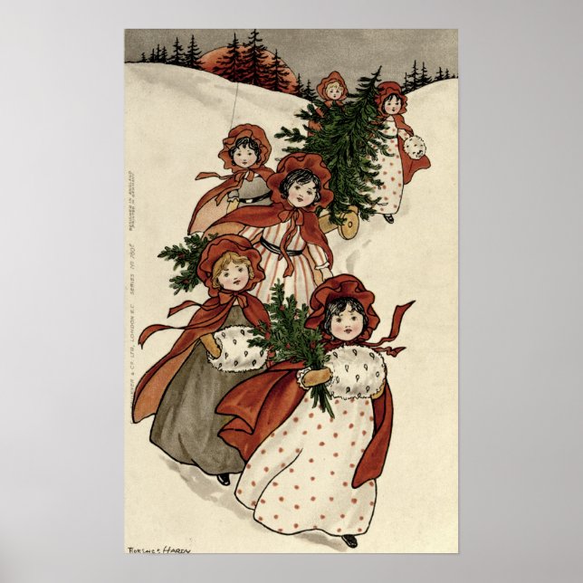 Poster Meninas com Holly e a Árvore de Natal (Frente)