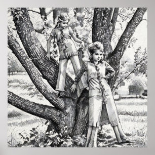 Poster meninas dos anos 70 Irmãs brincando em desenho art