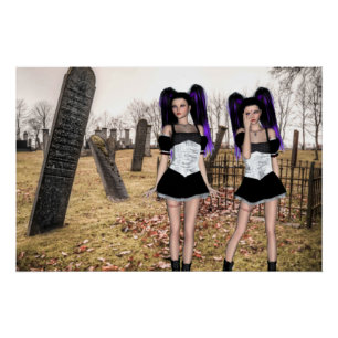 Póster Meninas gêmeas góticas no cemitério no Halloween