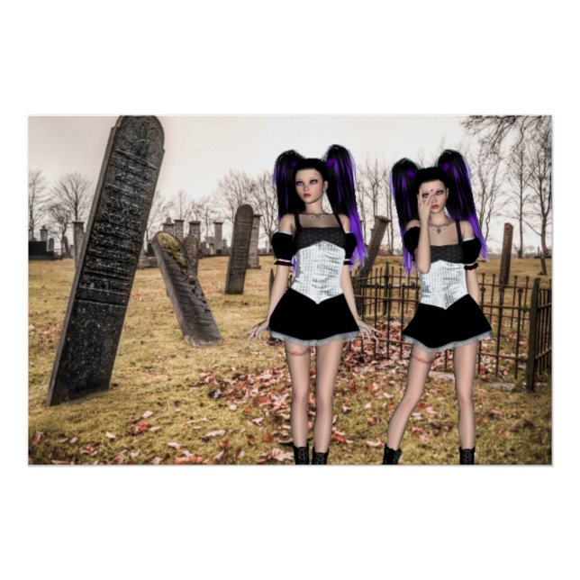 Póster Meninas gêmeas góticas no cemitério no Halloween (Frente)