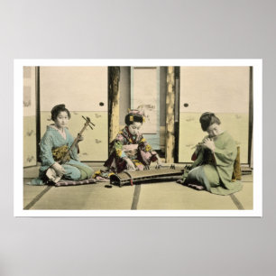 Póster Meninas japonesas tocando flauta, 'koto' e samis