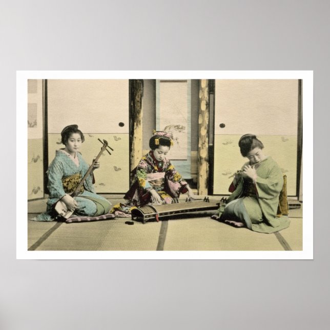 Póster Meninas japonesas tocando flauta, 'koto' e samis (Frente)