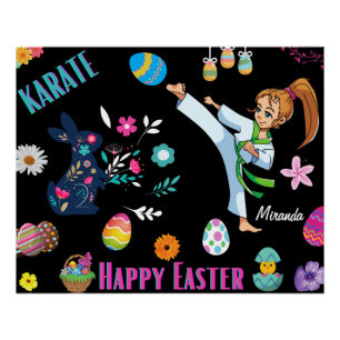Póster Meninas Karate Feliz Páscoa Decorativo 