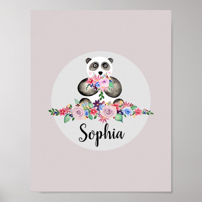 Poster Meninas Lindas Flores Aquarela Panda e Nome (Frente)