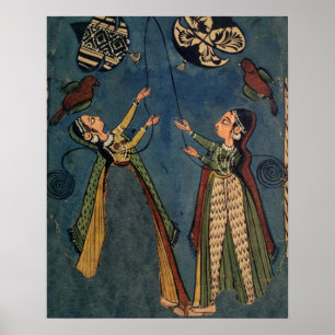 Póster Meninas que voam papagaios, pintura popular de