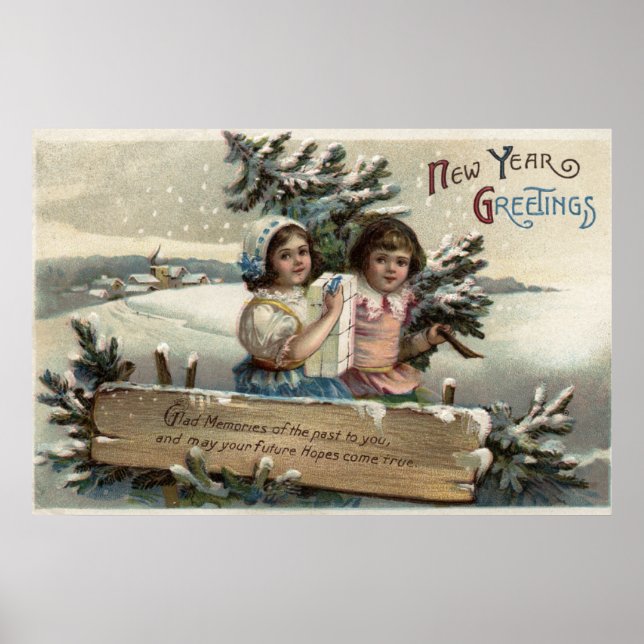Póster Meninas segurando um presente e uma árvore (Frente)