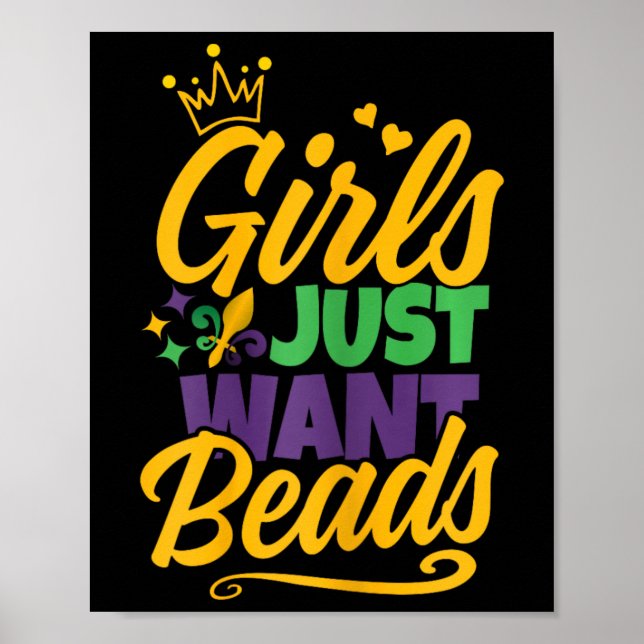 Poster Meninas Só Querem Miçangas Engraçadas Mardi Gras (Frente)