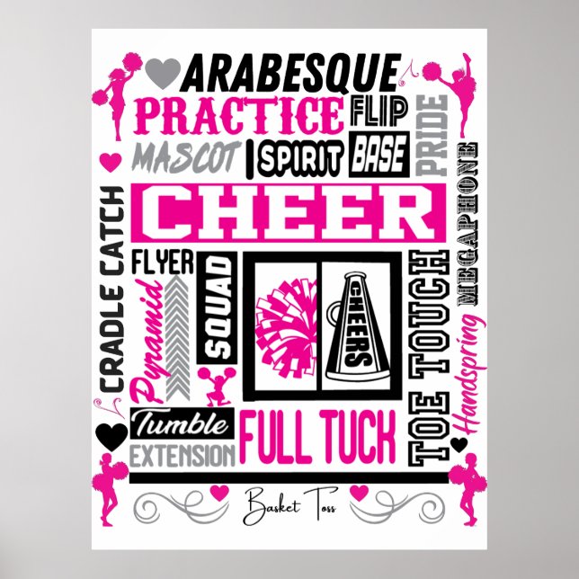 Poster Meninas: Tipografia Cheerhead em Preto e Rosa (Frente)