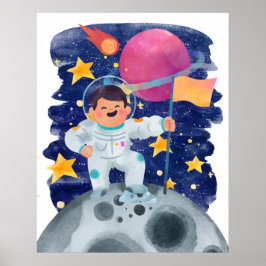 Poster Menino Astronauta Primeiro Passo Bandeira da Lua E