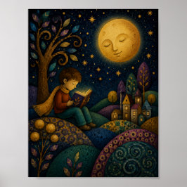 POSTER MENINO CAPRICHOSO LENDO SOB A LUA