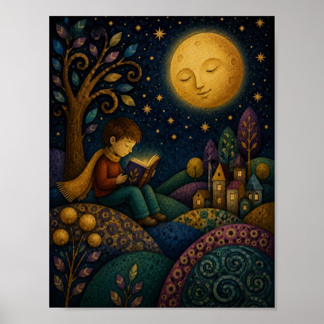 POSTER MENINO CAPRICHOSO LENDO SOB A LUA (Frente)