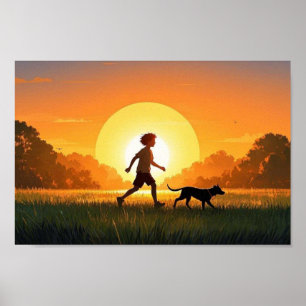 Poster Menino com cachorro ao pôr do sol