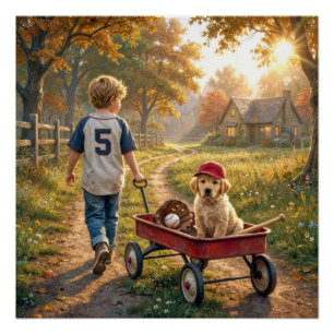 Póster Menino com Carrinho Vermelho e Filhote de Retrieve