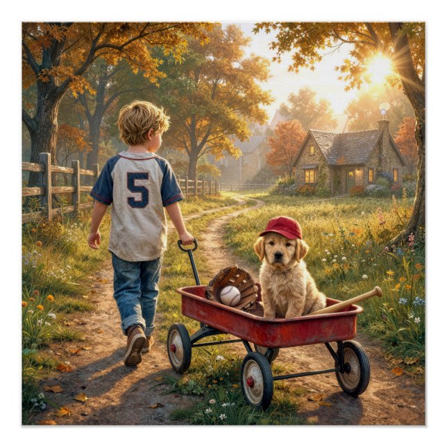 Póster Menino com Carrinho Vermelho e Filhote de Retrieve (Frente)
