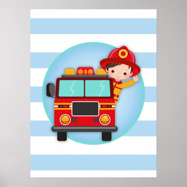 Poster Menino de Cabelo Castanho Bombeiro Caminhão de Bom (Frente)