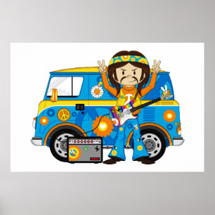 Poster Menino do Hippie com guitarra e campista Van