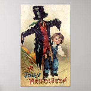 Póster Menino e Espantalho Vintage Halloween