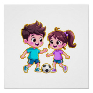 Póster Menino e Menina de Desenho Animado Fofo Jogando Fu