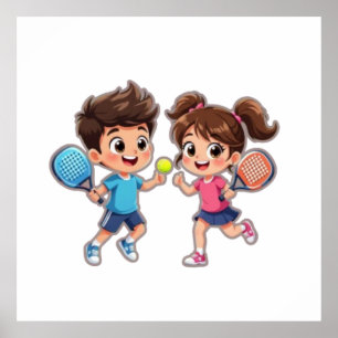 Poster Menino e Menina de Desenho Animado Fofo Jogando Pa