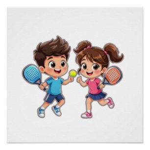 Póster Menino e Menina de Desenho Animado Fofo Jogando Pa